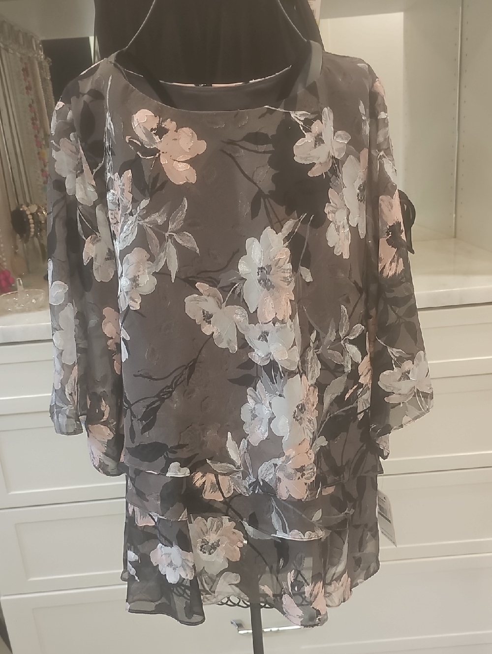 Floral Layered Chiffon Top - Black with Pink & White Blooms
